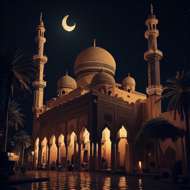 Una luna e una moschea con una falce di luna nel cielo