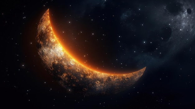 Una luna luminosa con un bagliore arancione brillante e il sole che splende su di essa.