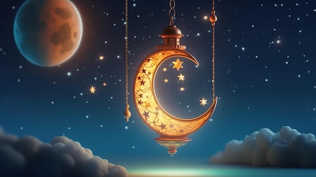Una luna pende da una catena con stelle e luna sullo sfondo.
