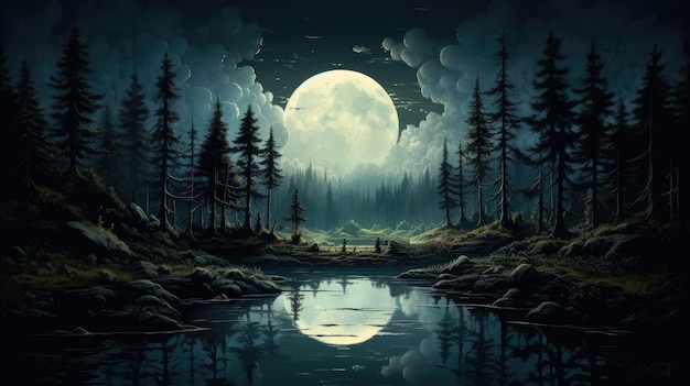una luna piena che si riflette in un lago con alberi e nuvole sullo sfondo.