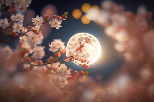 Una luna piena è dietro un ramo di fiori di ciliegio