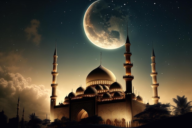 Una luna piena e una moschea con la luna piena