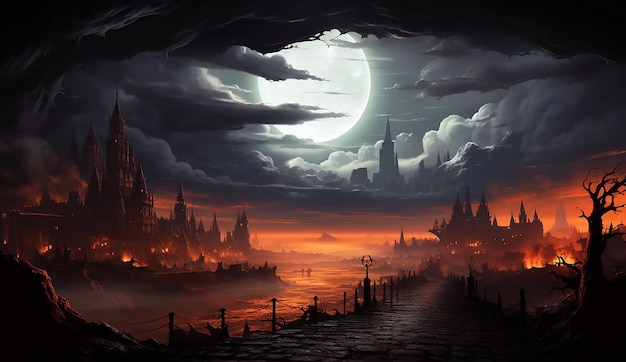 una luna piena e una scena spaventosa con un pavimento di legno e buio