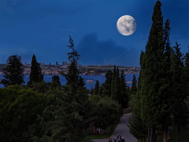 una luna piena è vista nel cielo sopra una città.