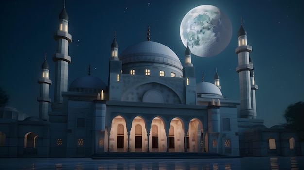 Una luna piena è vista su una moschea.