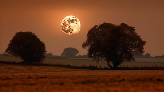 Una luna piena sorge su un campo di alberi.