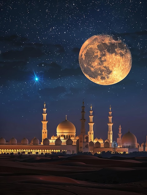 Una luna piena sorge sulle moschee di Abu Dhabi