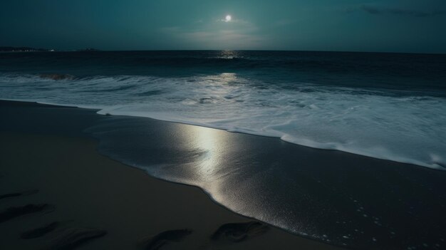 Una luna piena splende sull'oceano su una spiaggia Immagine generativa AI