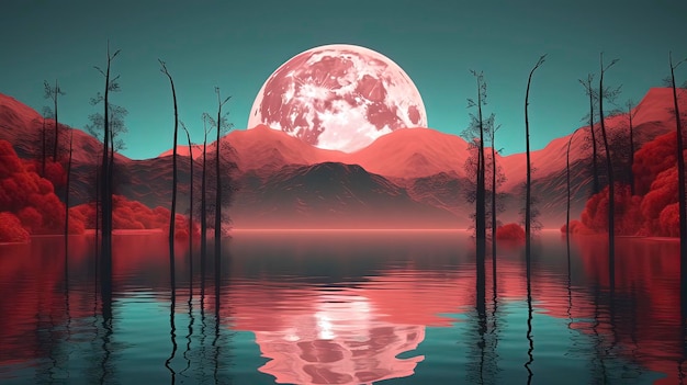 Una luna piena su un lago con alberi in primo piano