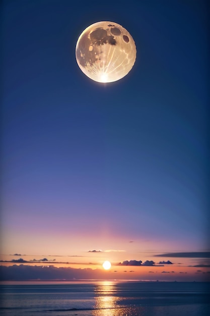 Una luna piena sull'oceano con un uomo in costume da bagno e una donna in costume da bagno su una spiaggia.