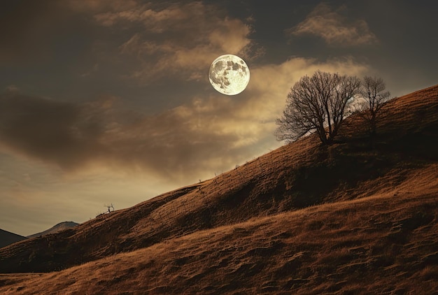 Una luna piena vista sopra una collina