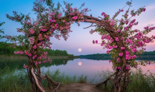 Una luna rosa è incorniciata da una corona di fiori.