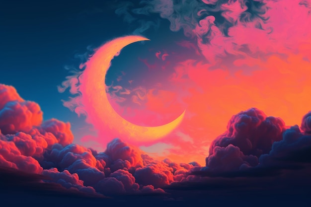 Una luna rosa nel cielo con nuvole e una luna rosa.