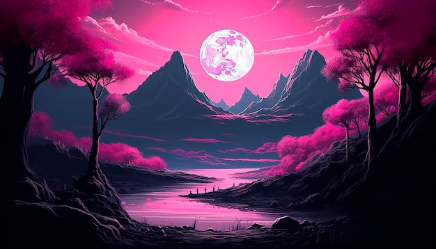 Una luna rosa sopra un lago con le montagne sullo sfondo.