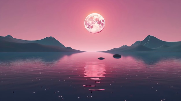 Una luna rosa sopra un lago con le montagne sullo sfondo