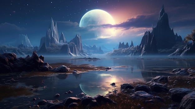 Una luna sopra un lago con rocce e acqua