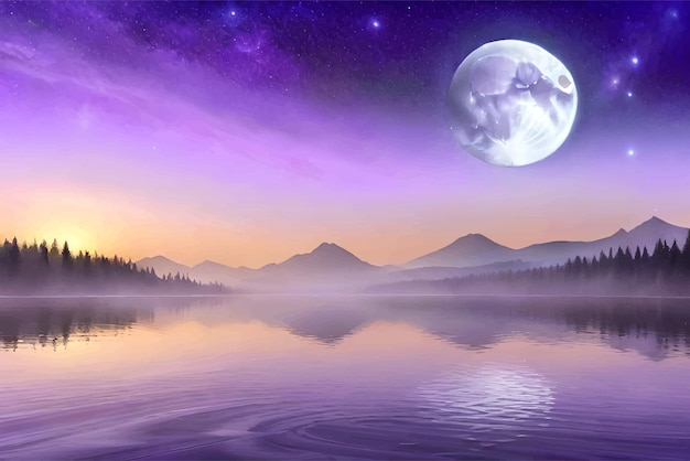 Una luna viola sopra un lago con le montagne sullo sfondo.