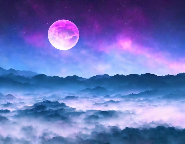 Una luna viola sorge sopra una valle nebbiosa.