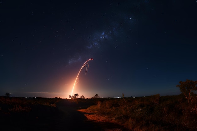 Una lunga esposizione del lancio di un razzo con la Via Lattea sullo sfondo.