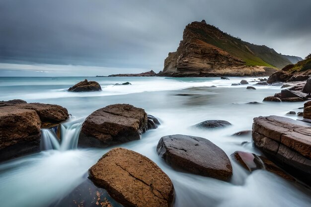 Una lunga esposizione di rocce e acqua con una collina coperta di erba verde sullo sfondo.