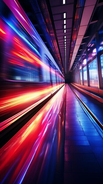 Una lunga esposizione dinamica di eleganti treni ad alta velocità con accenti al neon che corrono attraverso un futuristico