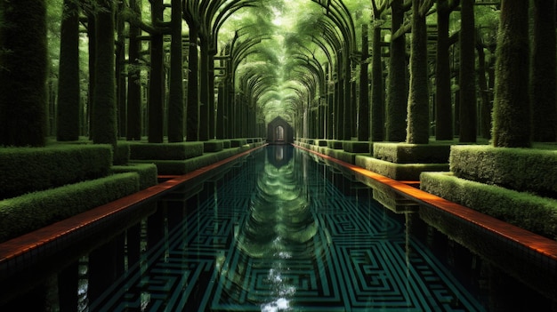 Una lunga piscina in una lussureggiante foresta verde piena di alberi ai
