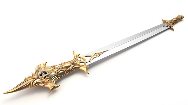 Una lunga spada fantastica con un teschio e oro su bianco