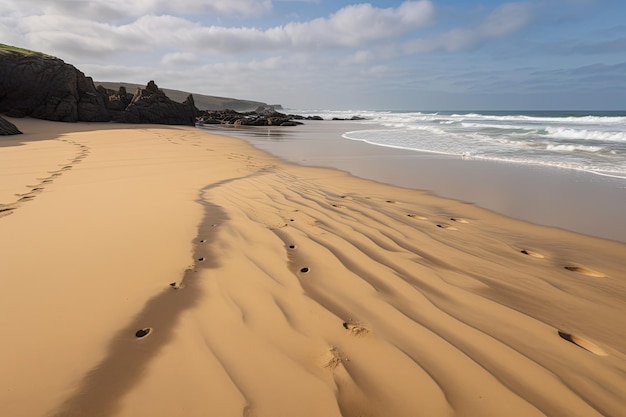 Una lunga spiaggia sabbiosa dove il vento spinge le onde