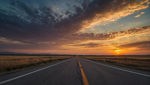 Una lunga strada al tramonto con un bellissimo cielo e nuvole