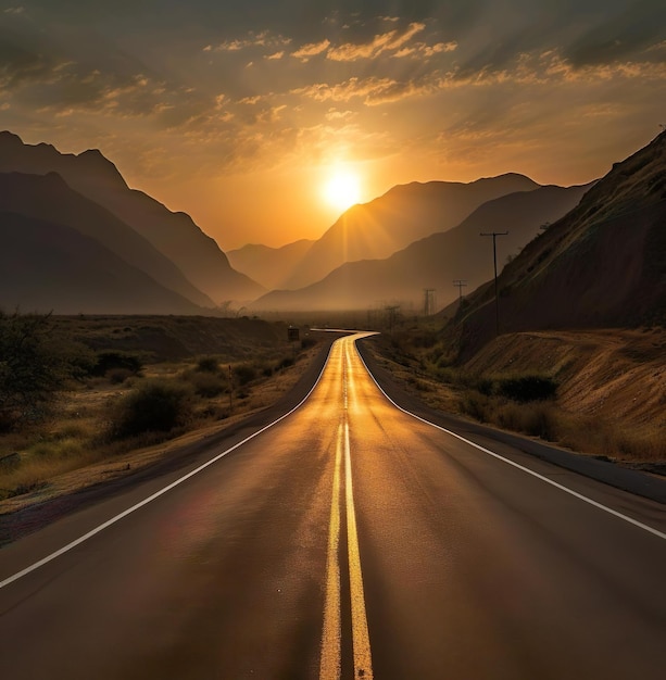 Una lunga strada con vista sulle montagne e sul tramonto