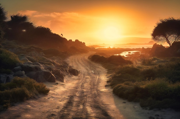 Una lunga strada lungo la costa al tramonto