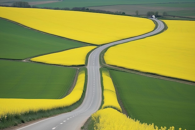 Una lunga strada tra campi di colza gialla primavera vista rurale