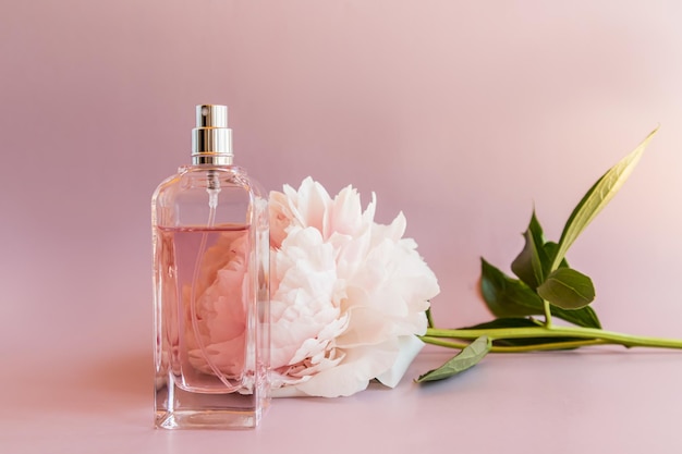 Una lussuosa bottiglia di profumo da donna con note di peonia delicata fragranza floreale l'espressione di odori naturali sfondo rosa