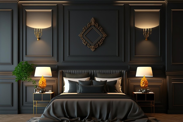 Una lussuosa camera da letto con una combinazione di colori scuri Cornici per foto sul pavimento