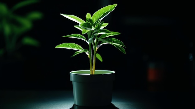 Una lussuosa pianta verde prospera in un elegante vaso nero su un tavolo di legno