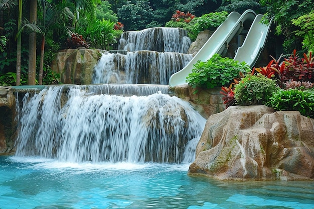 Una lussuosa piscina con cascate e scivoli