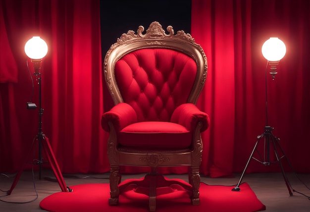 Una lussuosa poltrona realistica in velluto rosso, uno splendido sfondo con un trono reale rosso illustrato