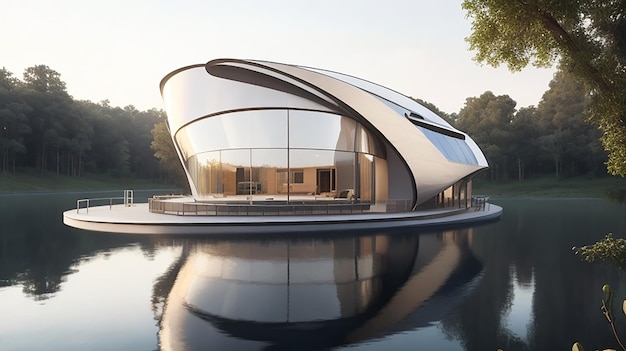 Una lussuosa residenza high-tech con una facciata metallica curva circondata da un lago tranquillo