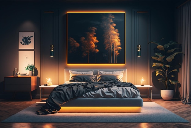 Una lussuosa stanza domestica illuminata di notte con intricati mobili e architetture che mostrano ricchezza e comfort generativi ai