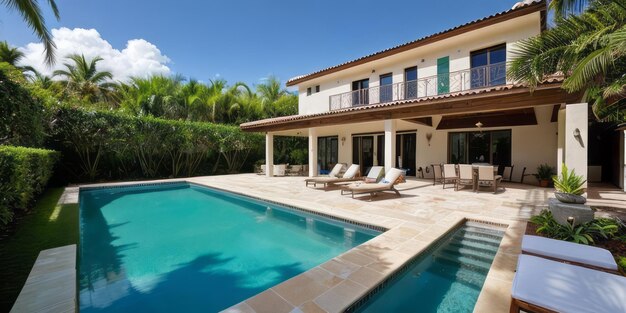 Una lussuosa villa a Palms and Pools, una stravagante villa tropicale con lussureggianti paesaggi.