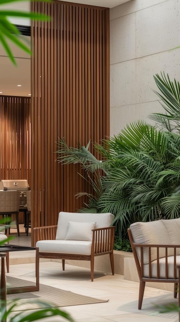 Una lussureggiante e invitante zona lounge di ispirazione tropicale con comode poltrone in legno con cuscini di peluche circondate da un'abbondanza di piante in vaso e vegetazione che creano una serena