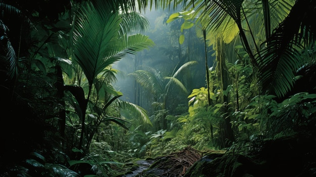 Una lussureggiante foresta pluviale tropicale con denso fogliame