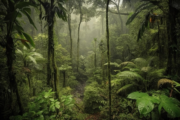Una lussureggiante foresta verde piena di molti alberi generati dall'intelligenza artificiale