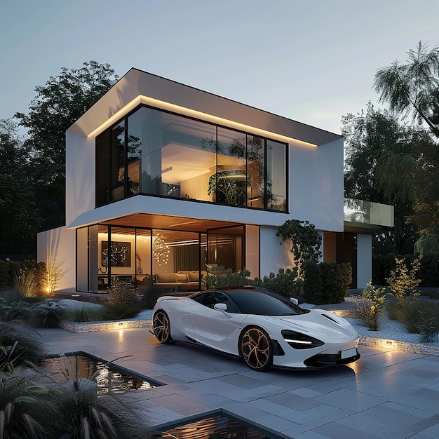 una macchina bianca è parcheggiata di fronte a una casa con una grande finestra