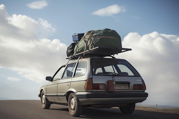 Una macchina con due valigie uno zaino e una borsa da viaggio sul tetto