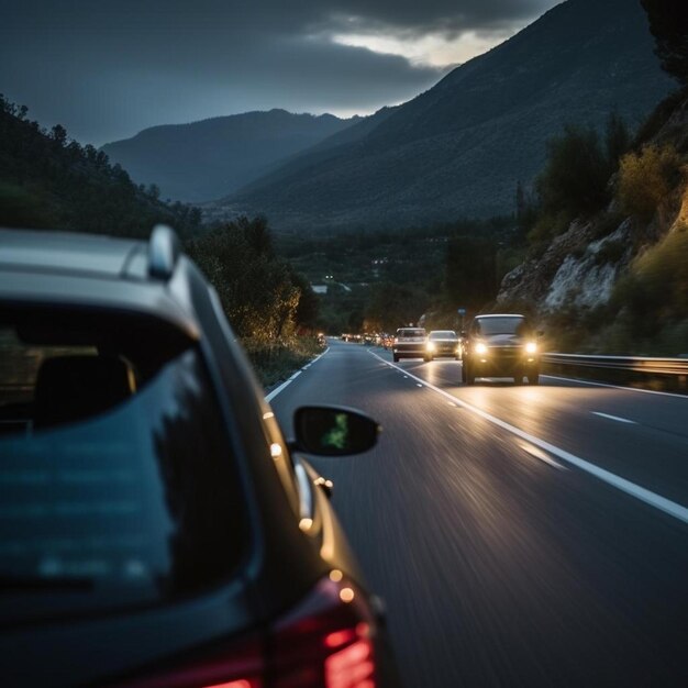 una macchina con le luci accese e il finestrino laterale dei conducenti sta guidando lungo la strada