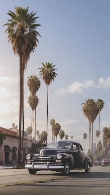 una macchina d'epoca è parcheggiata di fronte a un edificio con palme