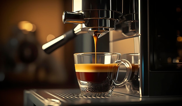 Una macchina da caffè professionale che prepara un caffè espresso in una tazza di vetro AI Generative