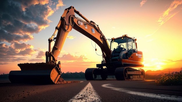 Una macchina da costruzione è sulla strada al tramonto.