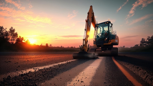 Una macchina da costruzione è sulla strada davanti a un tramonto.